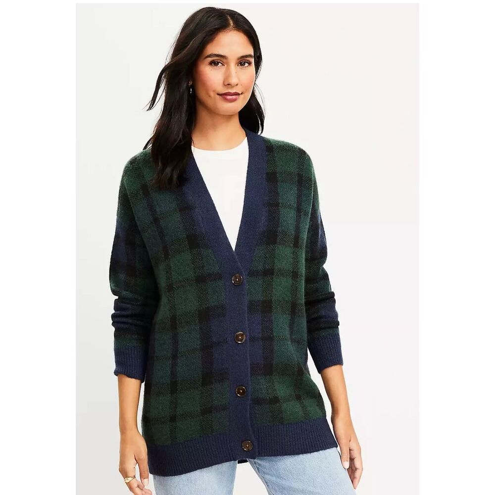 LOFT Green Blue‎ Black Plaid Boyfriend Cardigan Oversized Sz XS Academia